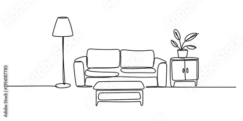 Minimalist continuous line drawing of a cozy living room featuring a sofa and floor lamp setup Vector, illustration