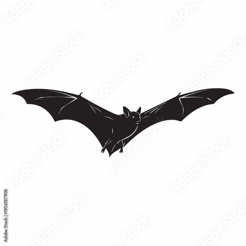 A sleek silhouette of a bat in flight with outstretched wings against a plain background
