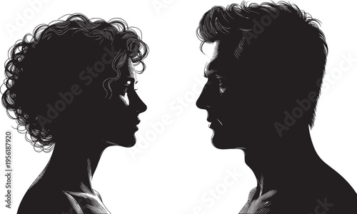 Silhouettes of two individuals facing each other, one with curly hair and one with short styled hair, isolated on white background for design and communication concepts. b