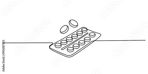 Continuous line drawing of a blister pack of tablets with two pills floating above the packaging Vector, illustration