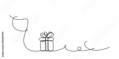 A minimalist single line drawing of a wrapped gift box with a bow on a clean white background Vector, illustration