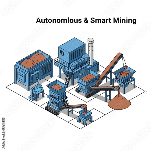 Illustration of an autonomous and smart mining operation with automated machinery, conveyor belts, and material processing.