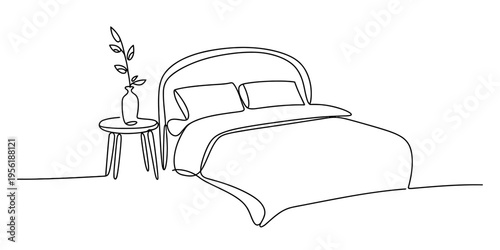 A continuous line drawing of a modern bed with a bedside table and a vase featuring a small plant Vector, illustration