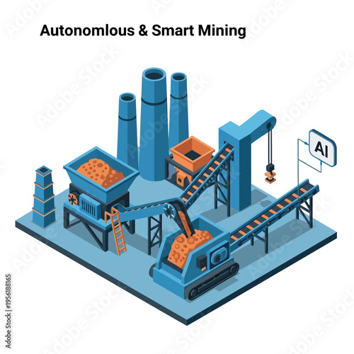 Illustration of an autonomous and smart mining operation with AI integration, showcasing automated machinery and conveyor systems for material handling.