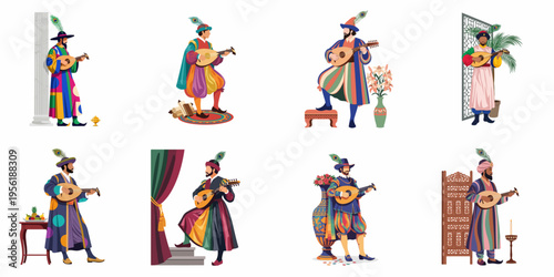 Collection of eight artistic illustrations featuring men in colorful historical costumes playing stringed instruments like lutes and ouds in decorative settings.