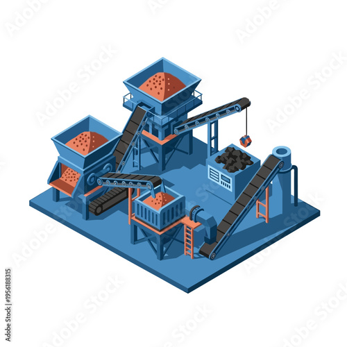 Isometric illustration of an industrial plant with conveyor belts and hoppers processing raw materials into finished products.