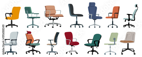Set of Colorful office chairs. Modern, ergonomic design suits any workplace. Bright hues appeal to creative or professional spaces. Flat vector illustrations isolated on transparent background