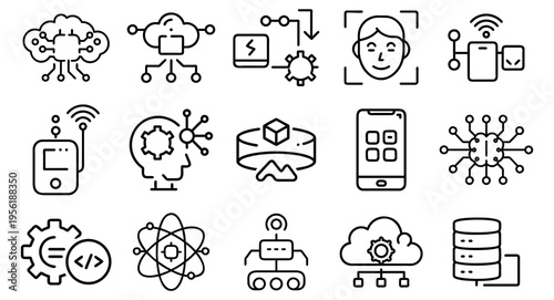 Icons representing various aspects of modern technology and digital innovation