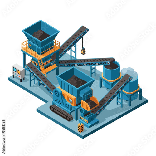 Isometric illustration of an industrial coal processing plant with conveyor belts, crushers, and storage silos.