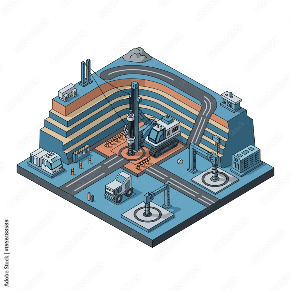 Naklejka premium Isometric illustration of a construction site with drilling equipment and infrastructure development, showcasing underground exploration and engineering.