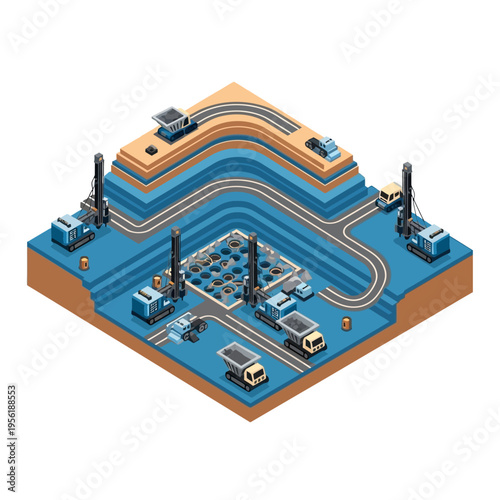 Isometric illustration of an open-pit mine with drilling equipment, trucks, and layered excavation, showcasing industrial mining operations.