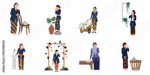Flat illustration set of a grieving Indonesian woman wearing traditional kebaya and batik, mourning and crying in various emotional scenes of loss.