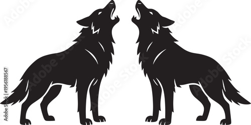 Symmetrical black silhouettes of two wolves in howling posture with detailed fur outlines, strong visual impact, and bold design perfect for wildlife artwork, decoration, and illustration.