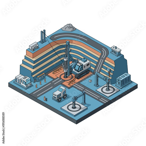 Isometric illustration of a construction site with drilling equipment and infrastructure development, showcasing underground exploration and engineering.