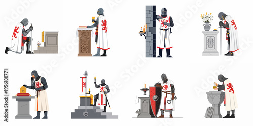 Set of medieval knight illustrations depicting various ceremonial and religious rituals in armor with a red lion surcoat.