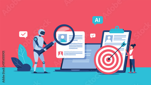 Artificial intelligence robot uses magnifying glass to screen candidate profiles on laptop while recruiter aims for hiring target.