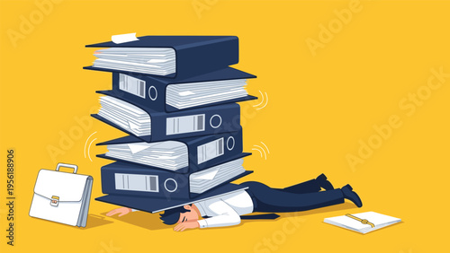 Overworked office employee lies crushed under massive stack of heavy blue document binders representing excessive workload and stress.