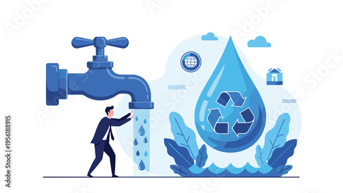 Man struggles to control water flow from massive blue faucet next to recycling symbol representing water conservation and sustainability.
