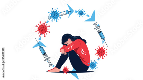 Distressed woman sits alone surrounded by circular cycle of virus variants and vaccination syringes representing pandemic mental health.