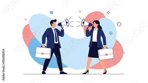 Business professional man and woman use megaphones to shout at each other representing workplace conflict and communication breakdown.