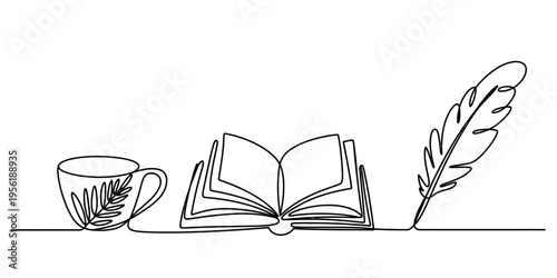 Minimalist continuous line drawing featuring an open book a coffee cup and a classic quill feather Vector, illustration