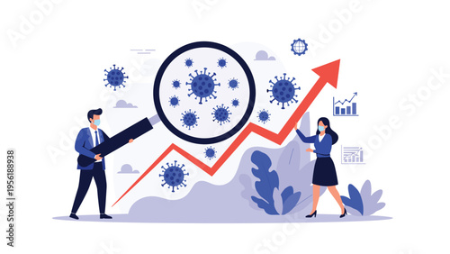 Professionals wearing masks analyze rising infection trend graph using magnifying glass showing virus cells during global pandemic.