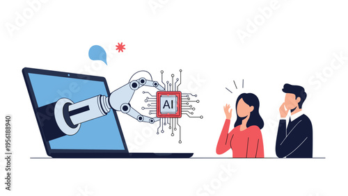 Robotic arm emerges from laptop screen to present advanced AI processor chip to astonished couple representing technological revolution.