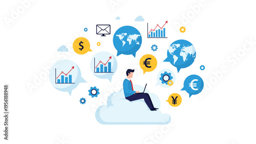 Businessman sits on cloud using laptop while surrounded by global financial icons representing cloud computing and international markets.