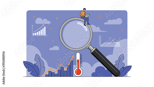 Analyst sits on large magnifying glass to observe financial charts and thermometer indicating economic temperature and market health.