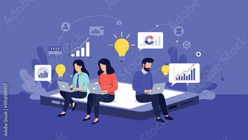 Team of remote workers uses giant smartphone platform for collaborative project with data charts and innovative ideas.