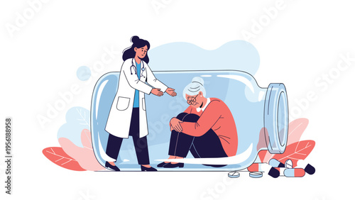 Medical professional reaches into large glass jar to assist distressed elderly woman representing mental health support and isolation care.