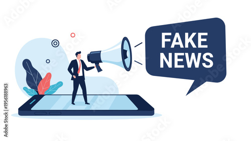 Man stands on smartphone using megaphone to spread fake news messages through social media and digital communication channels.