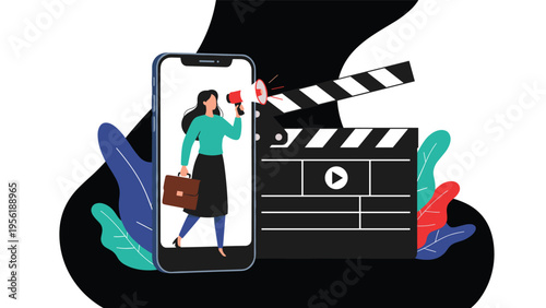 Businesswoman on smartphone screen uses megaphone next to movie clapperboard representing digital video marketing and content creation.