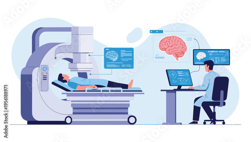 Medical team performs advanced brain imaging scan using high-tech diagnostic equipment and real-time computer monitoring in hospital.