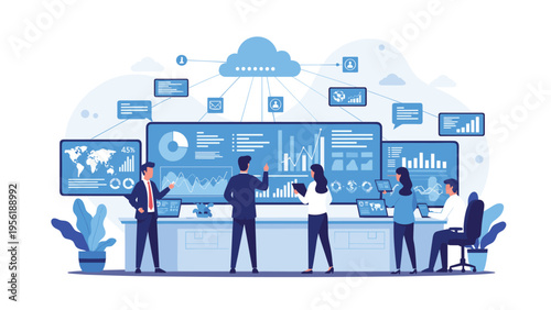 Team of analysts operates in modern high-tech data control room with multiple screens and cloud network for global systems monitoring.