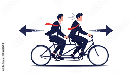 Two business professionals on tandem bicycle pedaling in opposite directions symbolizing lack of teamwork and conflicting corporate goals.