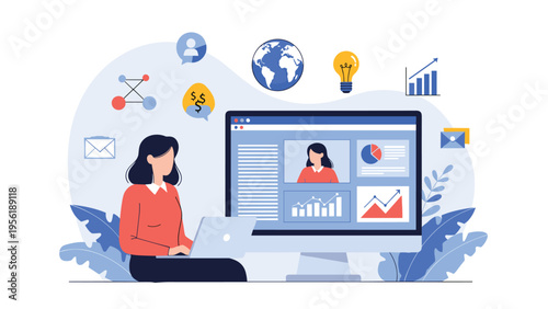 Young professional woman works on her laptop while surrounded by digital floating icons for global business and data.