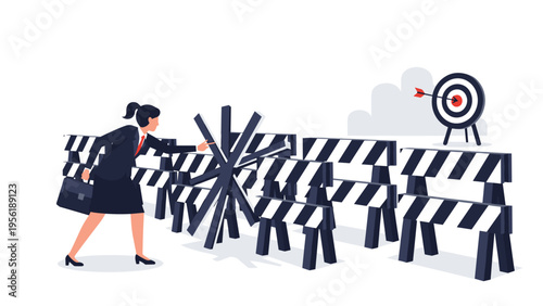 Determined professional woman pushes through a series of road barriers to reach a bullseye target in the distance.