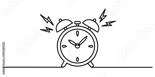 A simple continuous line drawing of a ringing alarm clock isolated on a clean white background Vector, illustration