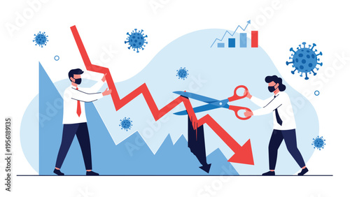 Professionals in face masks use large scissors to cut a downward trending red arrow during a virus outbreak scene.