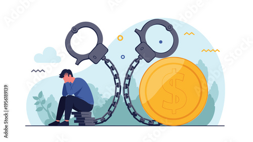 Depressed businessman sits on coins while being shackled to giant handcuffs connected to a large golden dollar.
