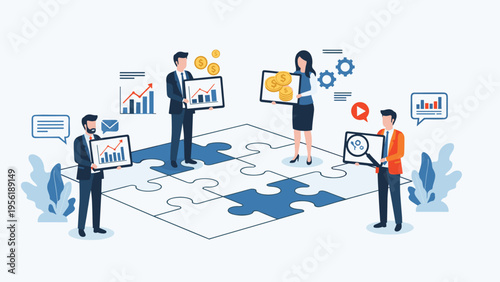 Group of business people stands on a large puzzle floor while holding various charts and financial symbols.