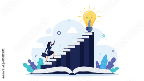 Driven businesswoman climbs a staircase made of thick books toward a bright glowing lightbulb representing an idea.
