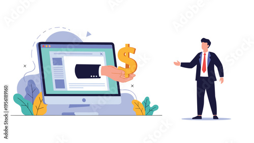 Giant hand emerges from a monitor to hand a golden dollar sign to a businessman standing beside the computer.