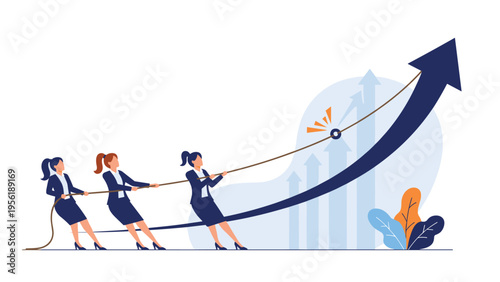Group of professional women works together to pull a rope and lift a giant rising arrow on a chart background.