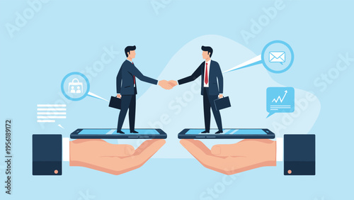 Two professional men shake hands while standing on smartphones held by giant hands in a digital agreement scene.