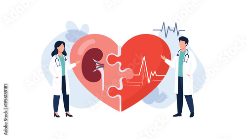 Two medical doctors hold connecting puzzle pieces that form a red heart with an EKG line and a kidney graphic.