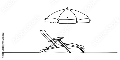 Minimalist continuous line drawing of a beach chair sitting under a large open sun umbrella shade Vector, illustration