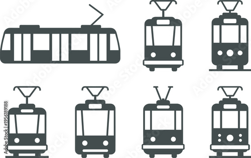 Set of black and white tram and streetcar icons featuring various designs, pantographs, and front or side views, ideal for transportation, urban mobility, and graphic design projects.