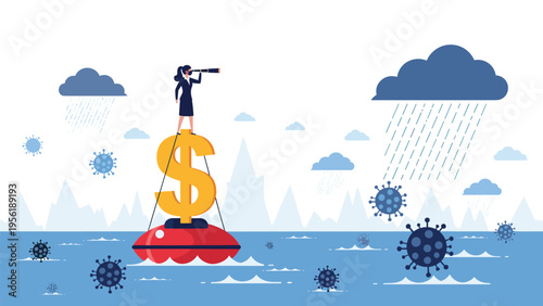 Executive standing on a floating dollar sign in the ocean uses a telescope to navigate through virus clouds.
